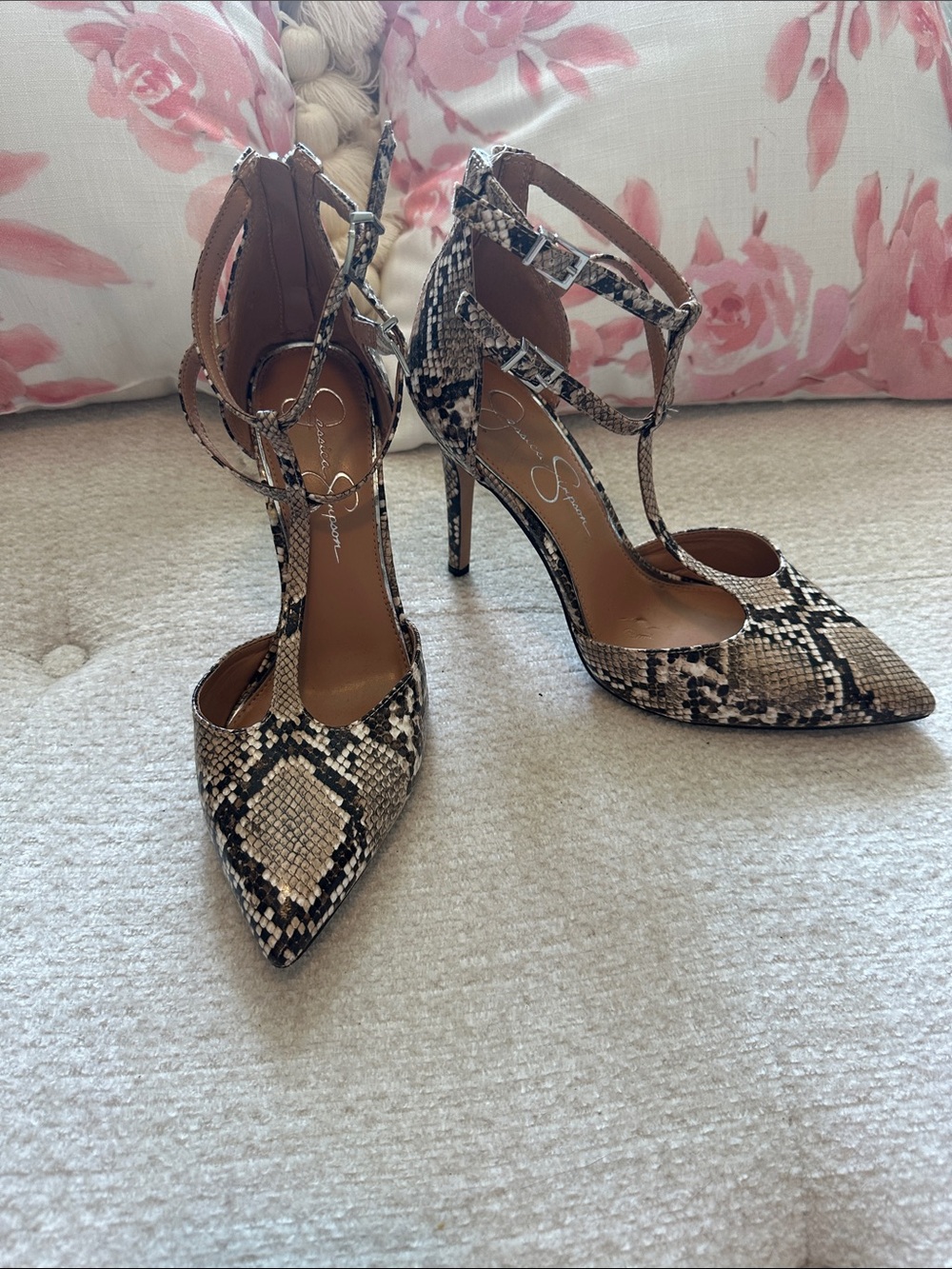 Jessica Simpson Snake-Print Pointed Toe Strappy Heels - Black, Cream